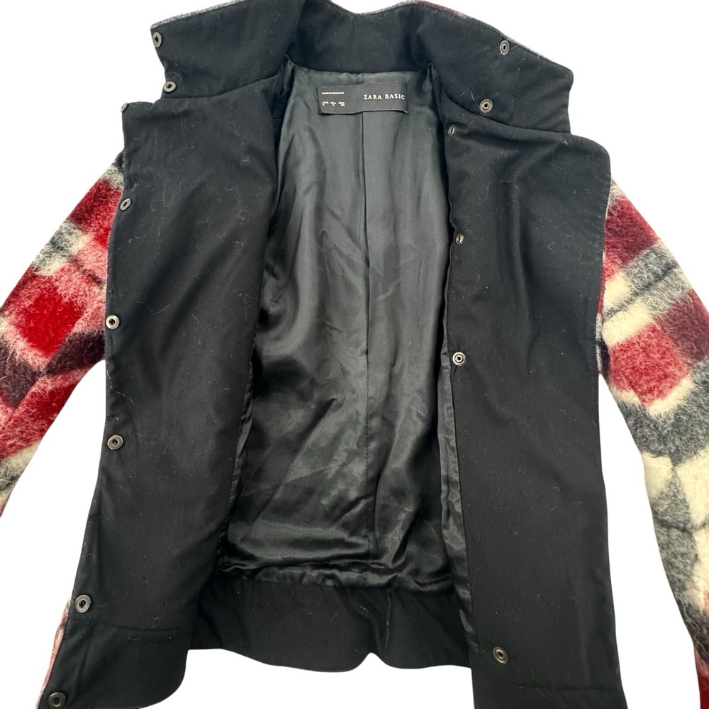 Zara Wool Mohair Jacket Maroon/Black/White Plaid‎ Asymmetric Snap Close Womens S - Picture 7 of 12